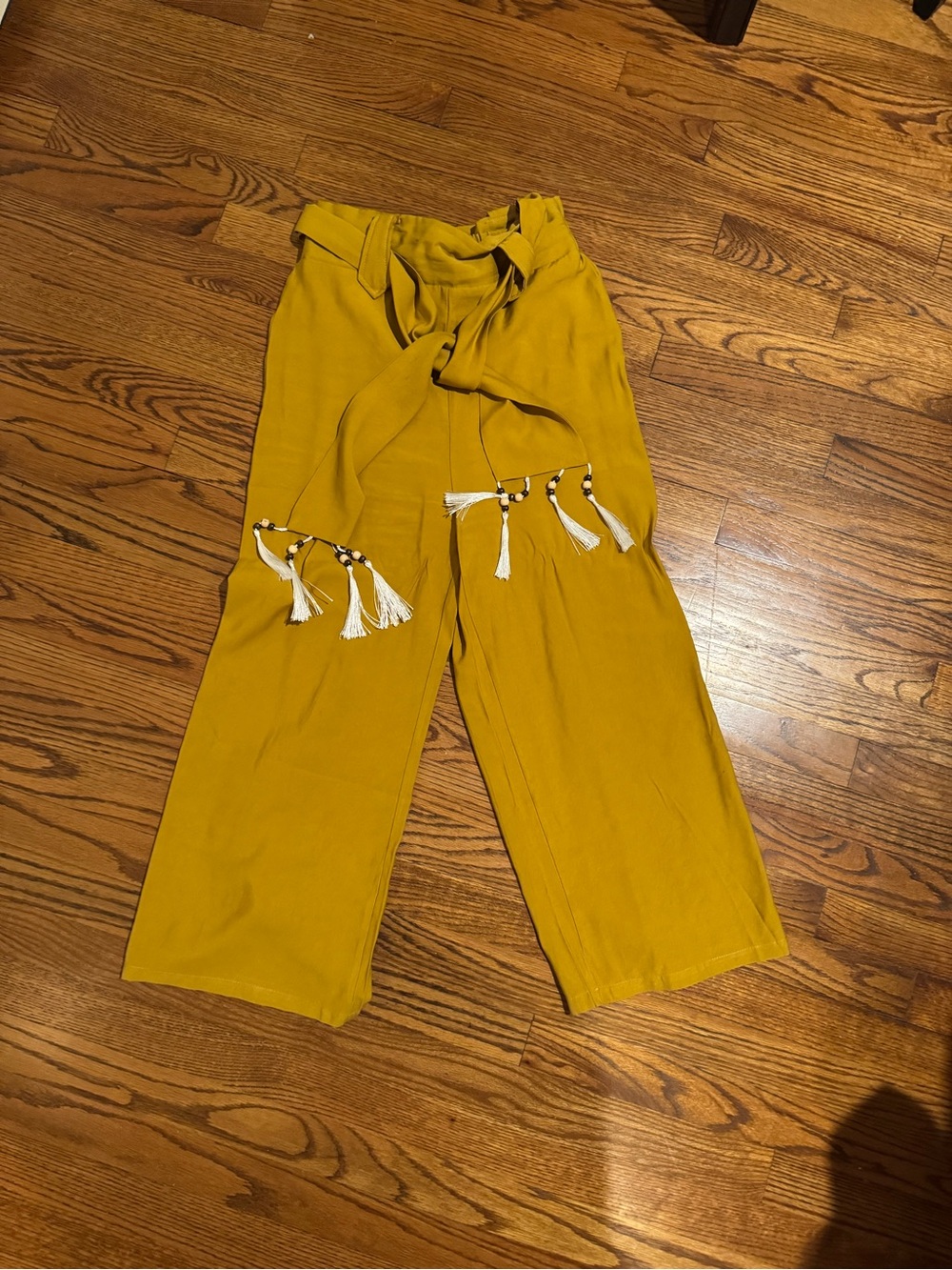 SHEIN Mustard Yellow High-Waist Wide-Leg Pants with Tassel Tie